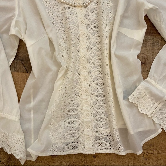 L Ralph Lauren Romantic Button Down Blouse Eyelet Lace Details Cream - Picture 5 of 11